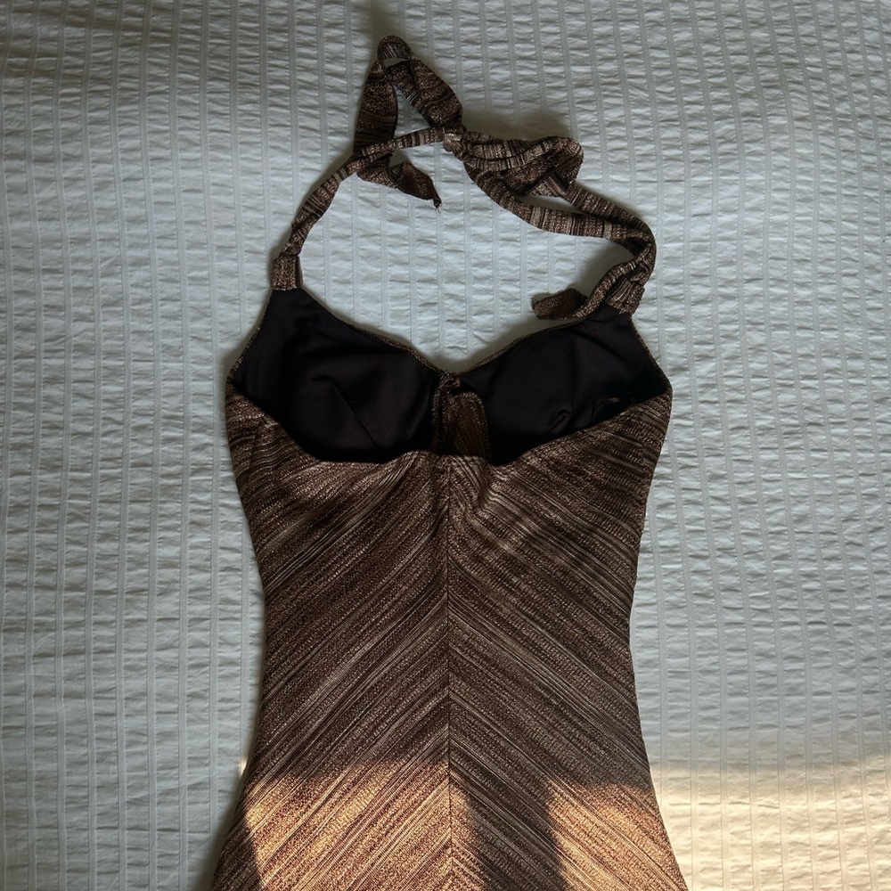 LE CHATEAU Vintage Halter Tie-up Brown and Gold Midi Dress - Picture 3 of 8